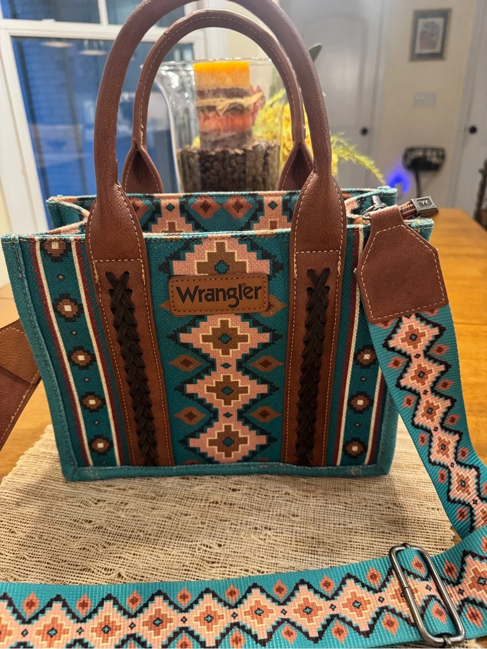Wrangler Turquoise Aztec Canvas Satchel Crossbody Western Bag